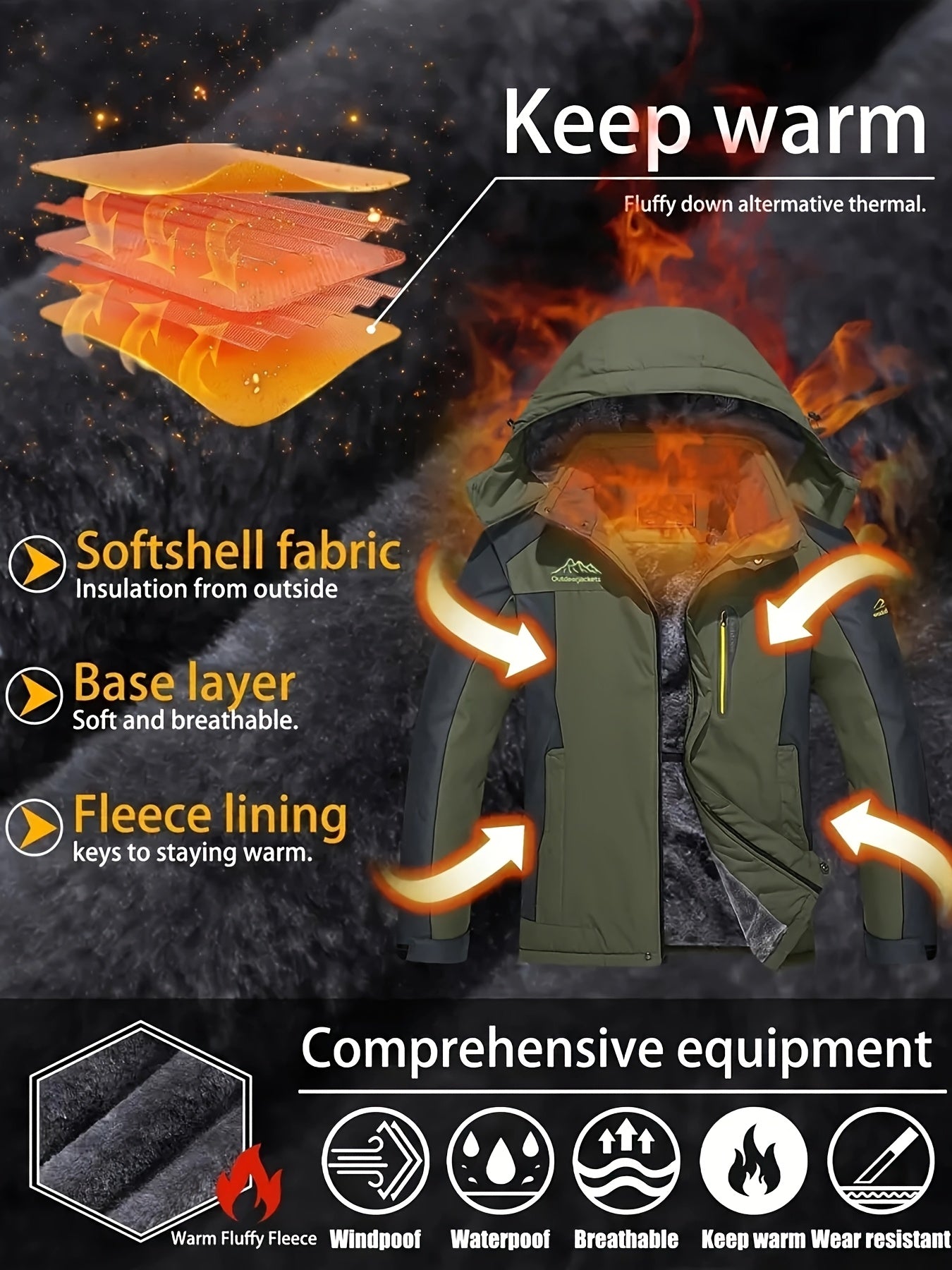 Men's winter jacket with detachable hood, multiple pockets, breathable, suitable for various outdoor activities in cold areas.