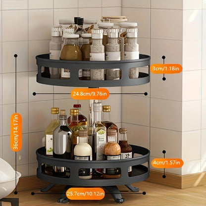 Metal spice rack with storage containers for seasonings, oils, and vinegar, with single, double, or triple layer options and 360-degree rotation.