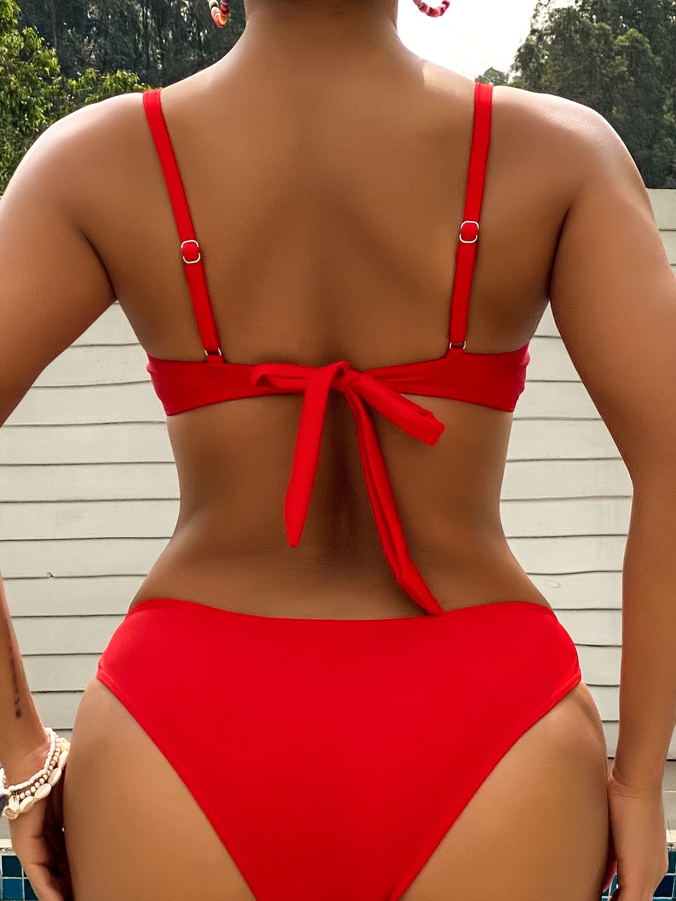 Solid Color 2-Piece Bikini Set with Tie Front and High Cut Swimsuit for Women