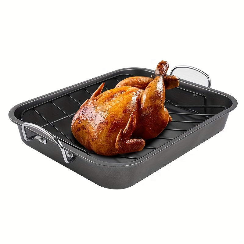 Non-stick baking pan with rack, 40cm rectangular grill perfect for turkey, roasted chicken, and ham. Includes 1 baking pan and 2 grills.