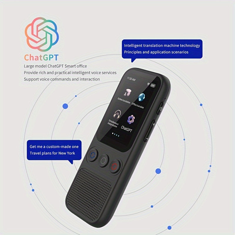 Two-way voice translator for 138 languages, with HD touch screen for travel, business, and study.