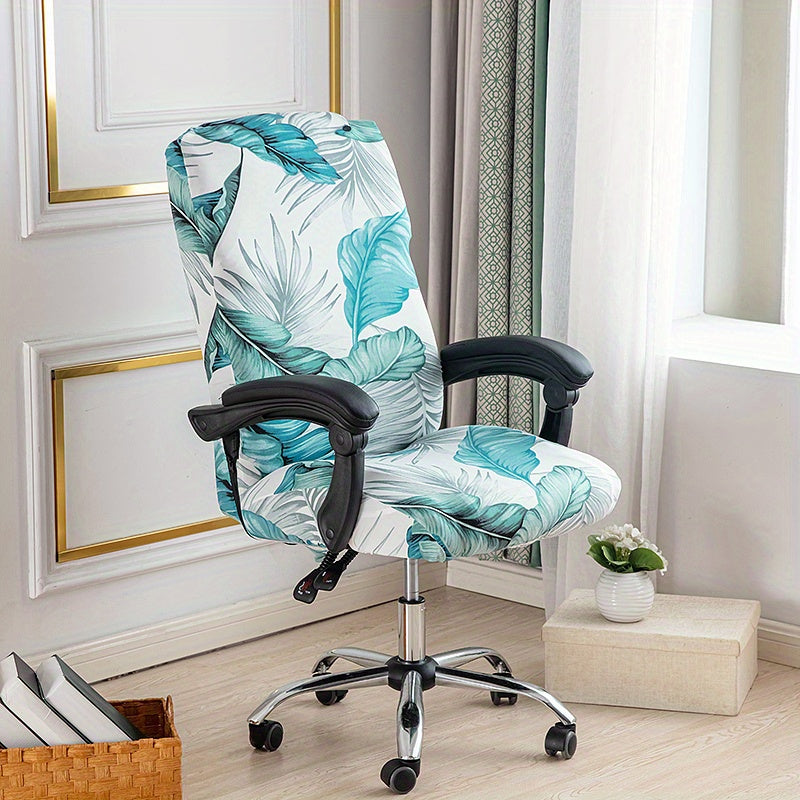 Elastic printed office chair cover with zipper, washable and dustproof for universal office rotating chairs. Perfect for bedroom, study, or office room decoration.