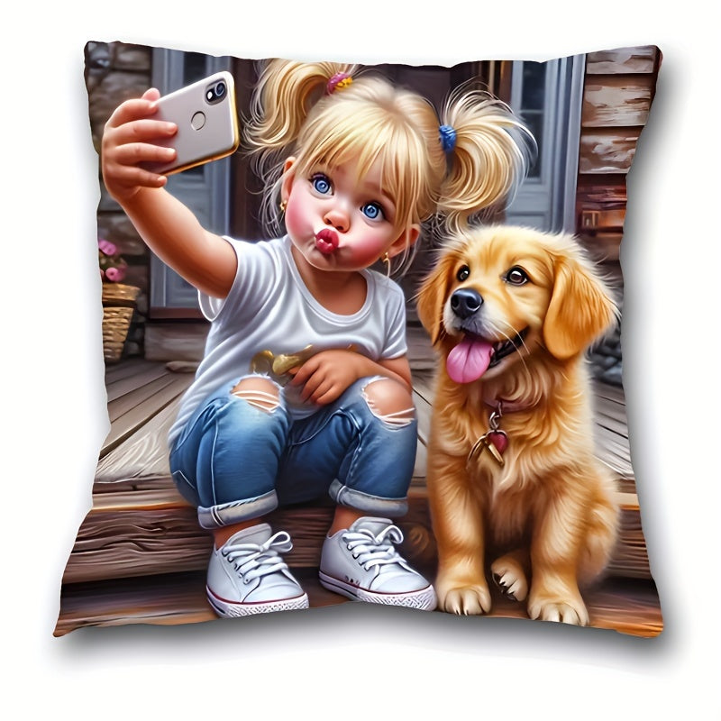 Charming Girl & Dog Print Pillowcase (44.96cm x 44.96cm) - French Style, Machine Washable, Zippered, 100% Polyester - Perfect for Living Room & Bedroom Décor