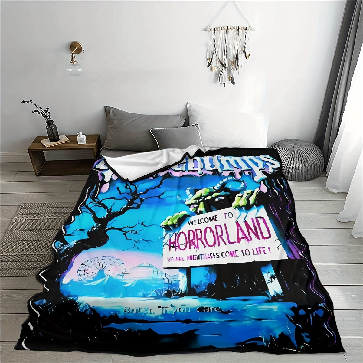 Flannel Throw Blanket with Goosebumps Horrorland Theme, Modern Digital Print Fleece Blanket, Easy to Clean in Washing Machine, Versatile All-Season Knitted Cover, Movie-Inspired Decorative Bedding, Perfect as a Gift Blanket