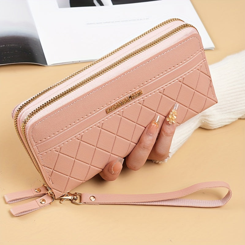 Fashion Double Zipper Long Wallet, Argyle Pattern Clutch Bag, Women's Wrist Coin Purse Mobile Phone Bag