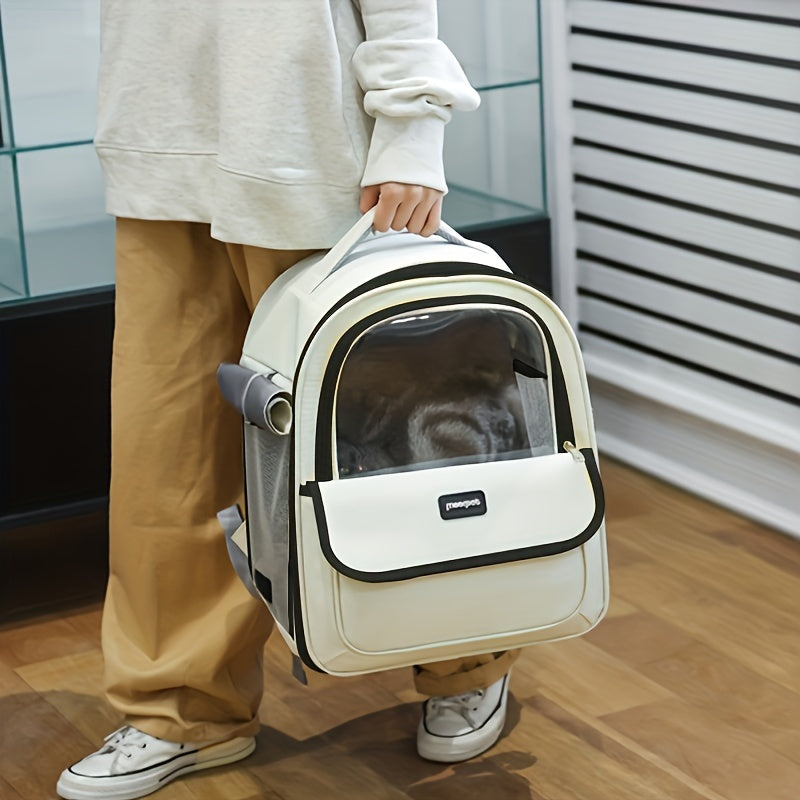 Large transparent space capsule pet carrier backpack for cats or dogs, breathable and portable.