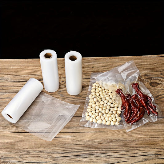 Set of 2 rolls of Vacuum Food Bags for storing and preserving food items. These durable transparent bags are ideal for grains, meat, fruits, vegetables, and metals, providing anti-oxidation protection. Perfect for kitchen organization and storage, these