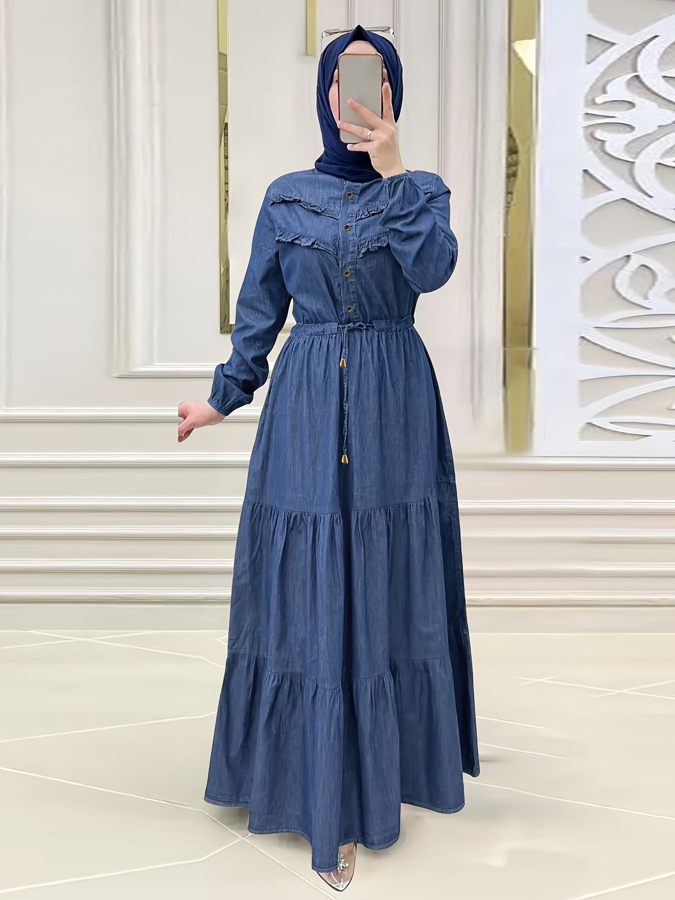 Ramadan Button Front Modest Dress, Women's Elegant Long Sleeve Loose Maxi Dress.