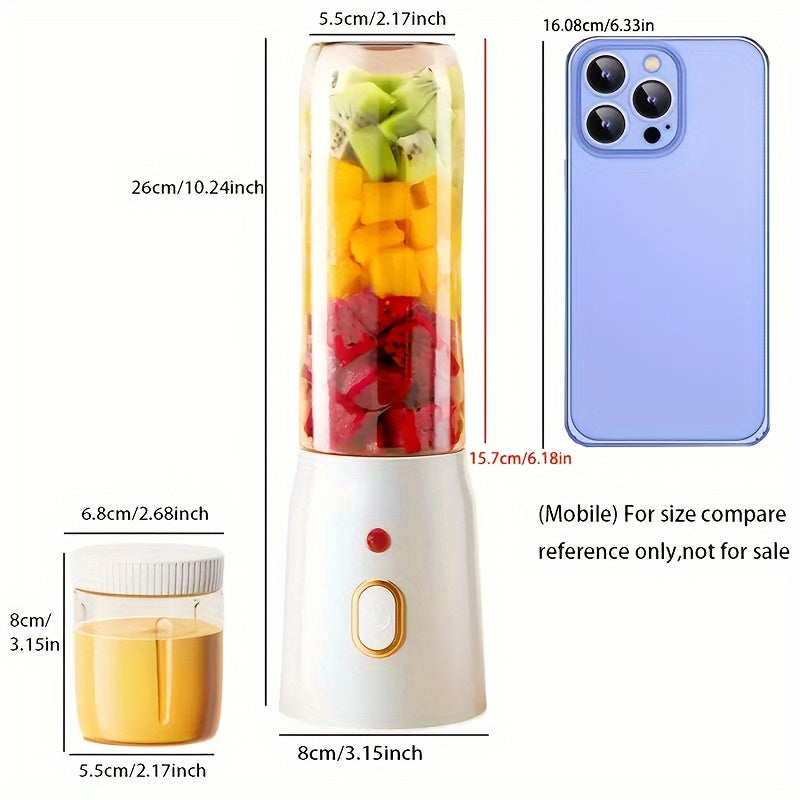 Small and portable electric juicer cup featuring dual cups - rechargeable via USB, powered by a lithium battery. Versatile for use at home, dorm, travel, and outdoors. Ideal for students.