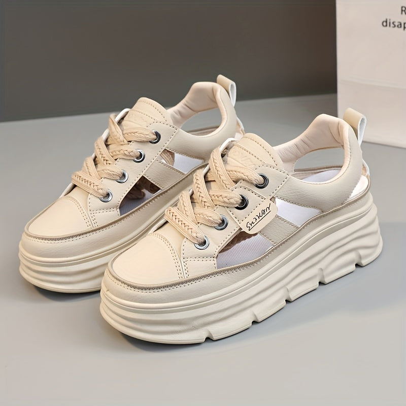 Summer 2024 Women's Breathable Cut-Out Sneakers with Hidden Height Increase, White.