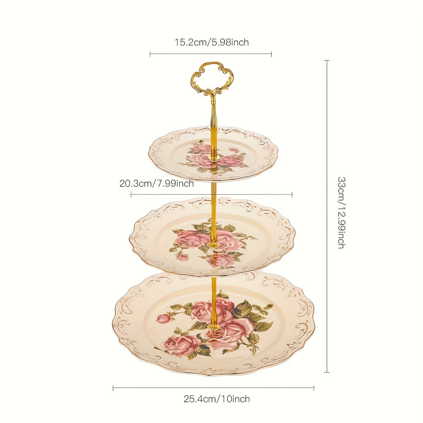 European-style 3-tier ceramic dessert stand featuring an embossed flower design and a sturdy metal bracket. Safe for food contact and does not require electricity. Perfect for weddings, holidays, birthdays, and tea parties.