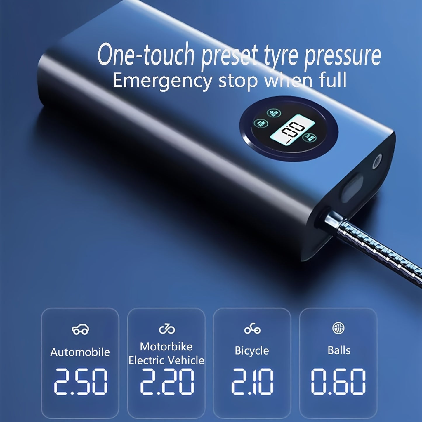 Digital tire inflator with automatic shut-off, USB and battery powered for quick inflation up to 150 PSI. Suitable for car, bicycle, electric bike, and ball tires with rechargeable lithium