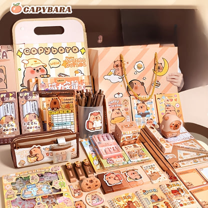 Capybara-themed stationery gift set with notebooks, pens, paper clips, and accessories in a tote bag for students, animal lovers, and student rewards.