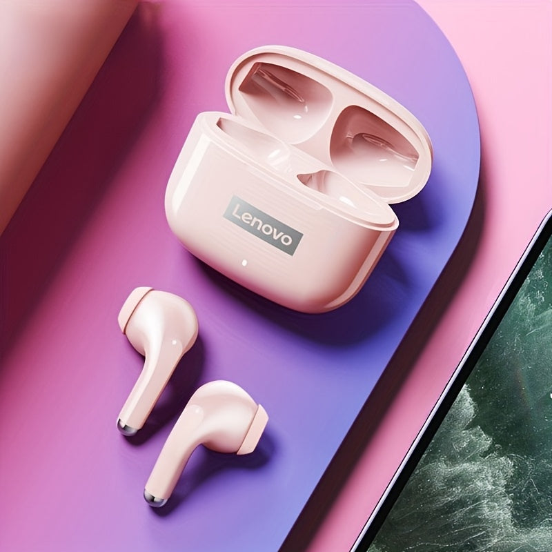 2025 Lenovo LP40 Pro Wireless Earphones with compact design, clear calls, and volume control. Features a condenser microphone, rechargeable battery, and Type-C port charging. Suitable for