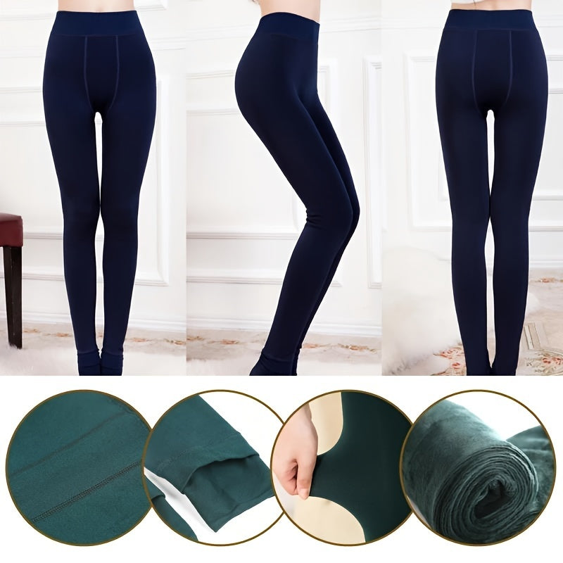 Women's high waist thickened velvet leggings in solid color. Made of polyester and spandex blend knit fabric with elasticity. Hand washable.