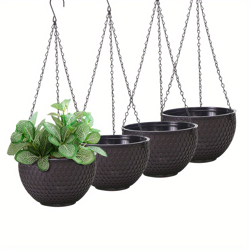 Durable 4-pack plastic hanging flower pots with drainage holes, chain hook, and honeycomb pattern. Suitable for indoor and outdoor use, no electricity needed.