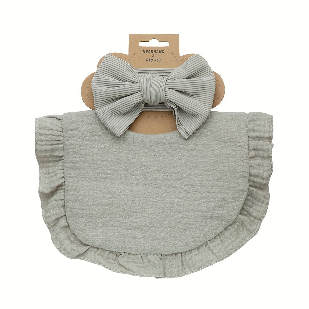 Set of 2 includes a lotus leaf bib and an elastic bow headband. The set also includes a plain color soft bib with snap button closure.