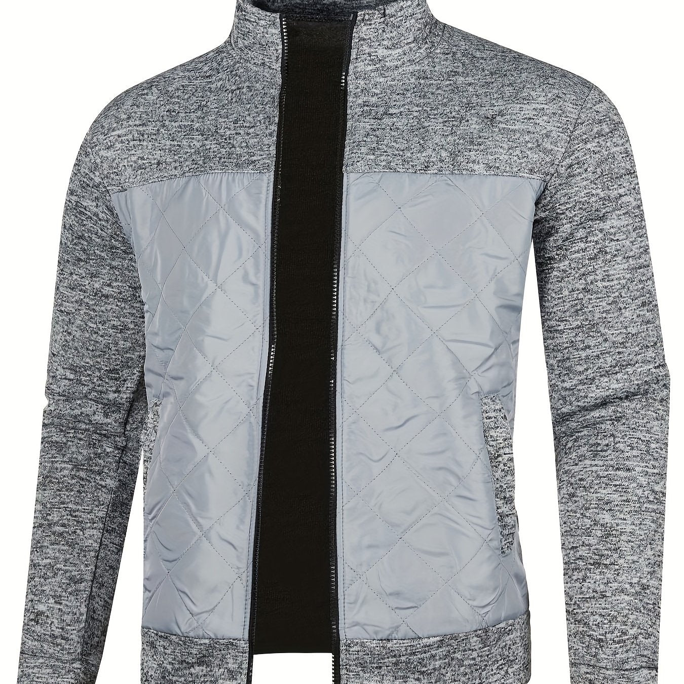 Men's polyester jacket with stand collar, full zip, quilted panel design, long sleeve, regular fit, slight stretch, solid color, and pockets.