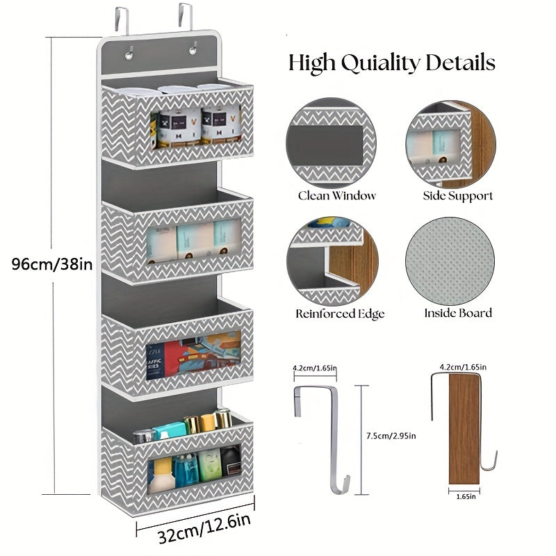 4 Tier Door Hanging Organizer with Clear Window and Steel Hook - Ideal Space Saving Storage Solution for Bathroom, Nursery, Bedroom, Toys, and Holiday Gifts such as Christmas, Halloween, Thanksgiving, and Easter.