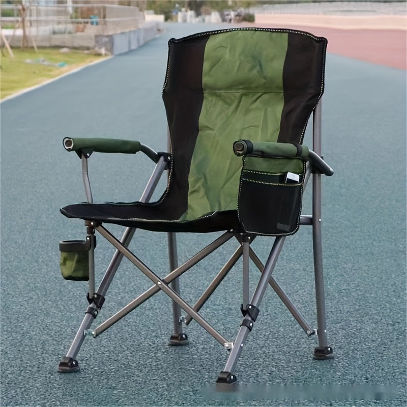 Large, portable outdoor chair made of 600D Oxford cloth with storage bag and cup holder. Ideal for camping, picnics, fishing, and outdoor events.