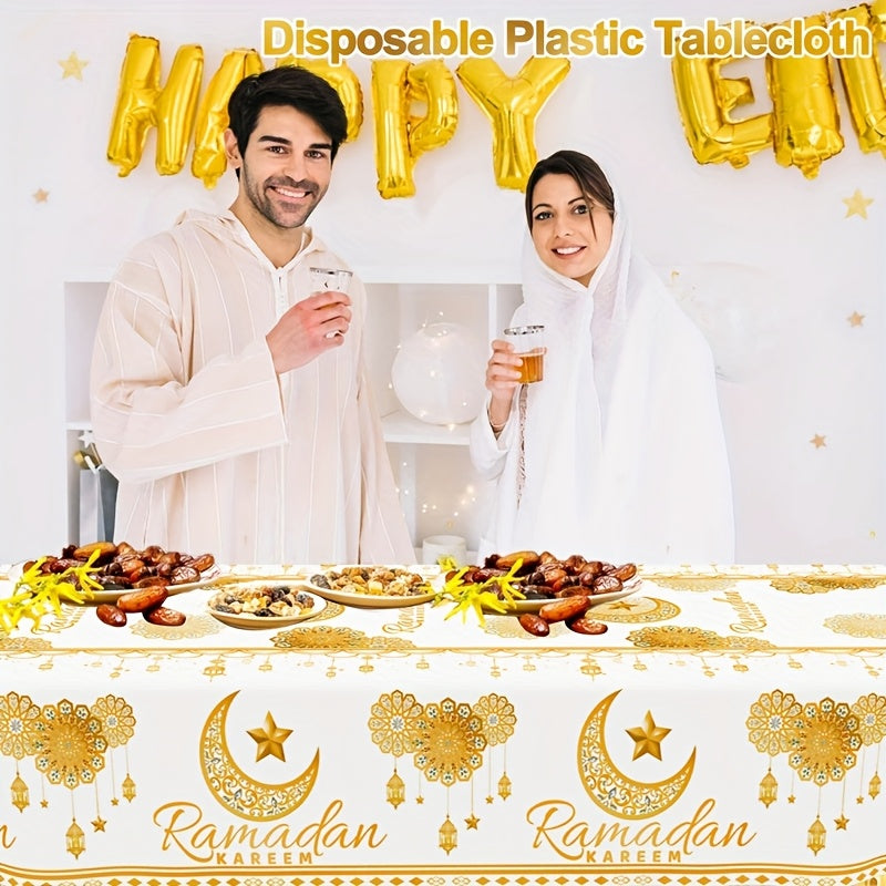 1pc White & Golden Ramadan Kareem Disposable Plastic Tablecloth, 130x220cm, featuring Moon, Lantern, & Star pattern. Ideal for Islamic Muslim parties, Eid Al Adha & home celebrations.