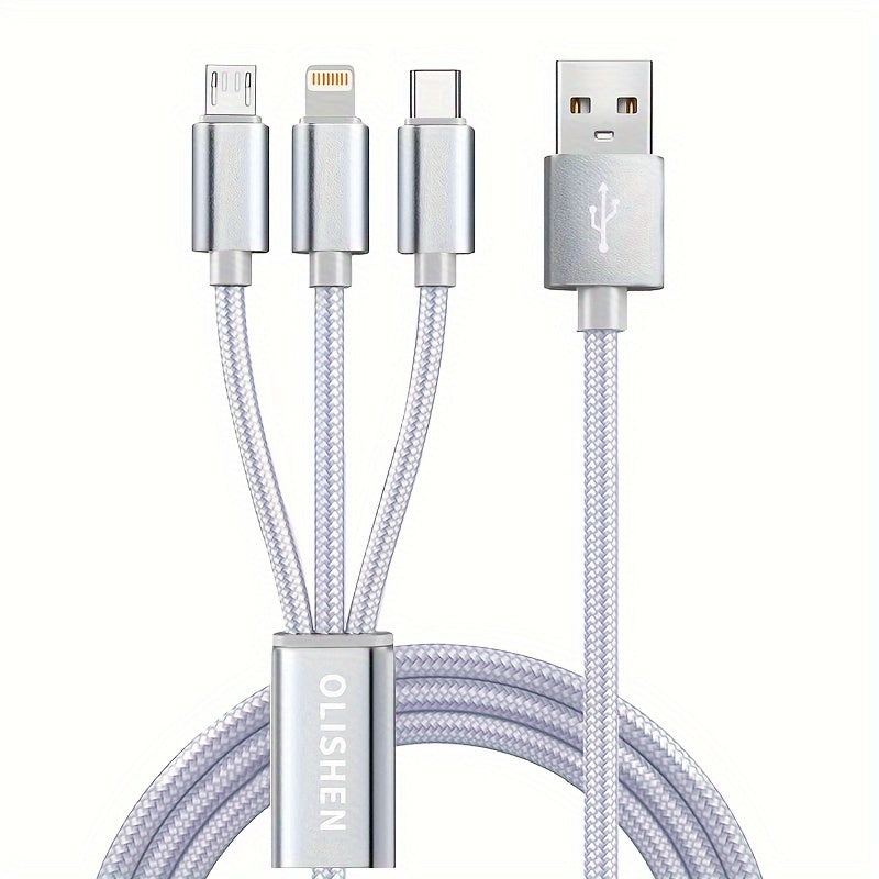 OLISHEN 3-in-1 Nylon Braided USB Charging Cable with multiple lengths (100.58cm/201.17cm/3.02meter) and fast charging capabilities for iPhone, Samsung, Xiaomi, and other devices. Can be