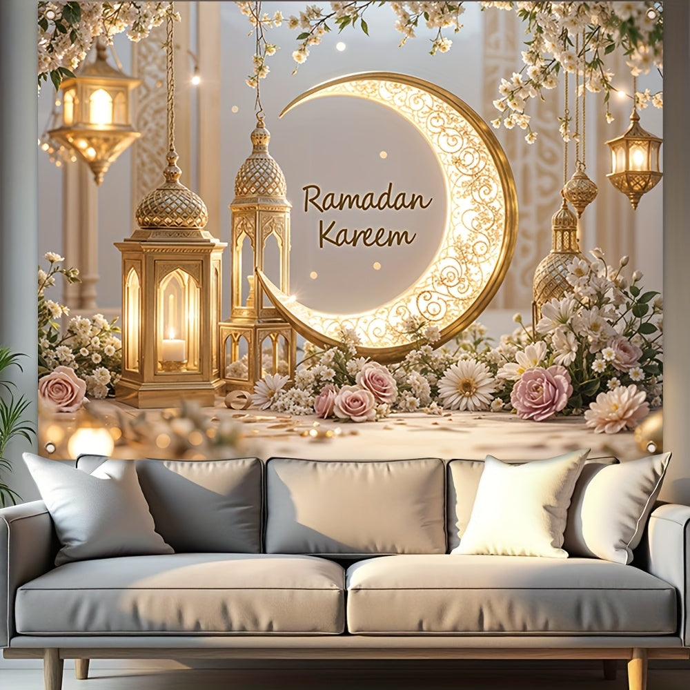 1pc Elegant Ramadan Mural Banner, Polyester with Golden Crescent Moon and Lantern Design, Durable Wall Decor for Room and Party, Festive Home Decoration for New Year and Eid Al-Fitr