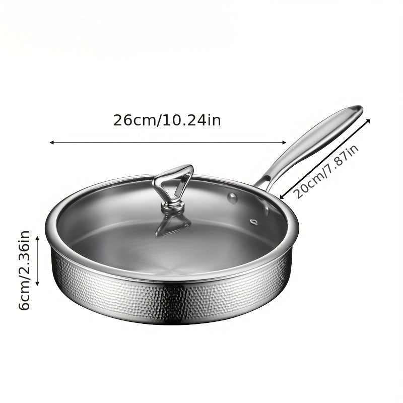 Premium 304 Stainless Steel Frying Pan with Lid, 26cm/10.24in - Safe for All Cooktops, Nonstick, Scratch-Resistant, Professional Quality Steak Pot - 1 Piece