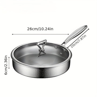 Premium 304 Stainless Steel Frying Pan with Lid, 26cm/10.24in - Safe for All Cooktops, Nonstick, Scratch-Resistant, Professional Quality Steak Pot - 1 Piece