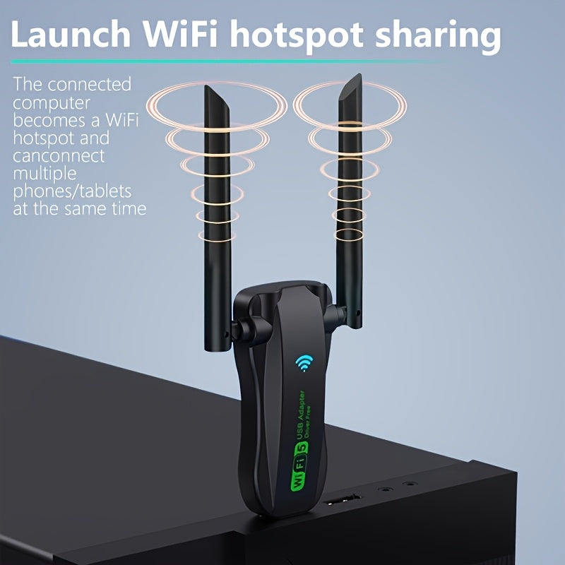 Dual-band 2.4G/5.8G Wifi adapter, 1300Mbps, USB interface, strong wall penetration, 4 antennas, high-speed internet, low latency, and reliable connectivity.