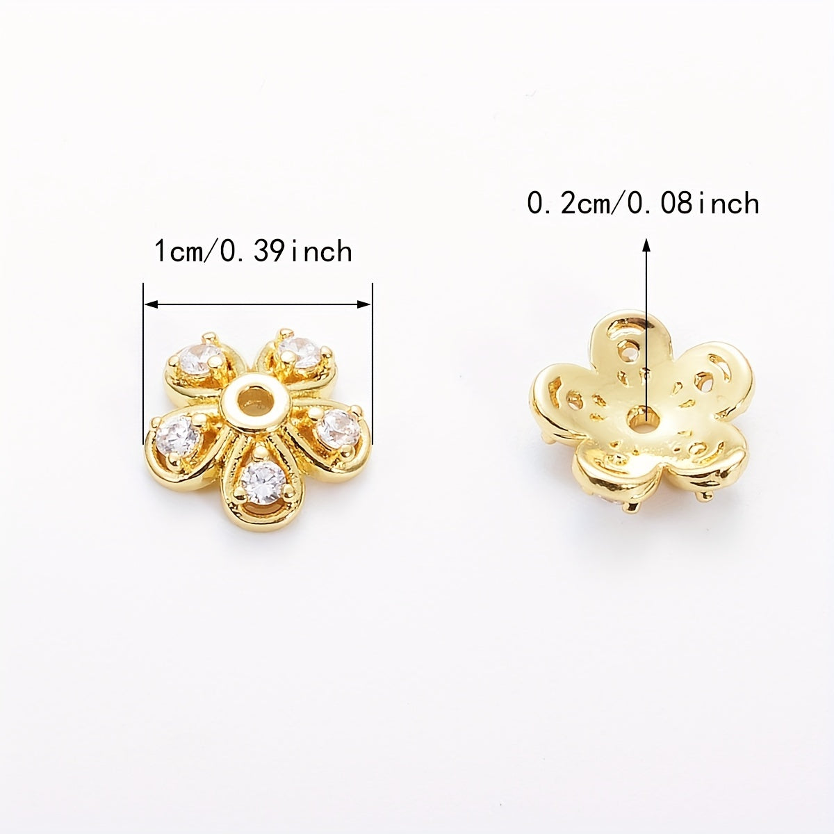 Brass Flower Bead Caps with Synthetic Cubic Zircons - Set of 20 pieces in a bag, including 10mm, 8mm, and 6mm sizes. Perfect for creating stunning jewelry pieces.