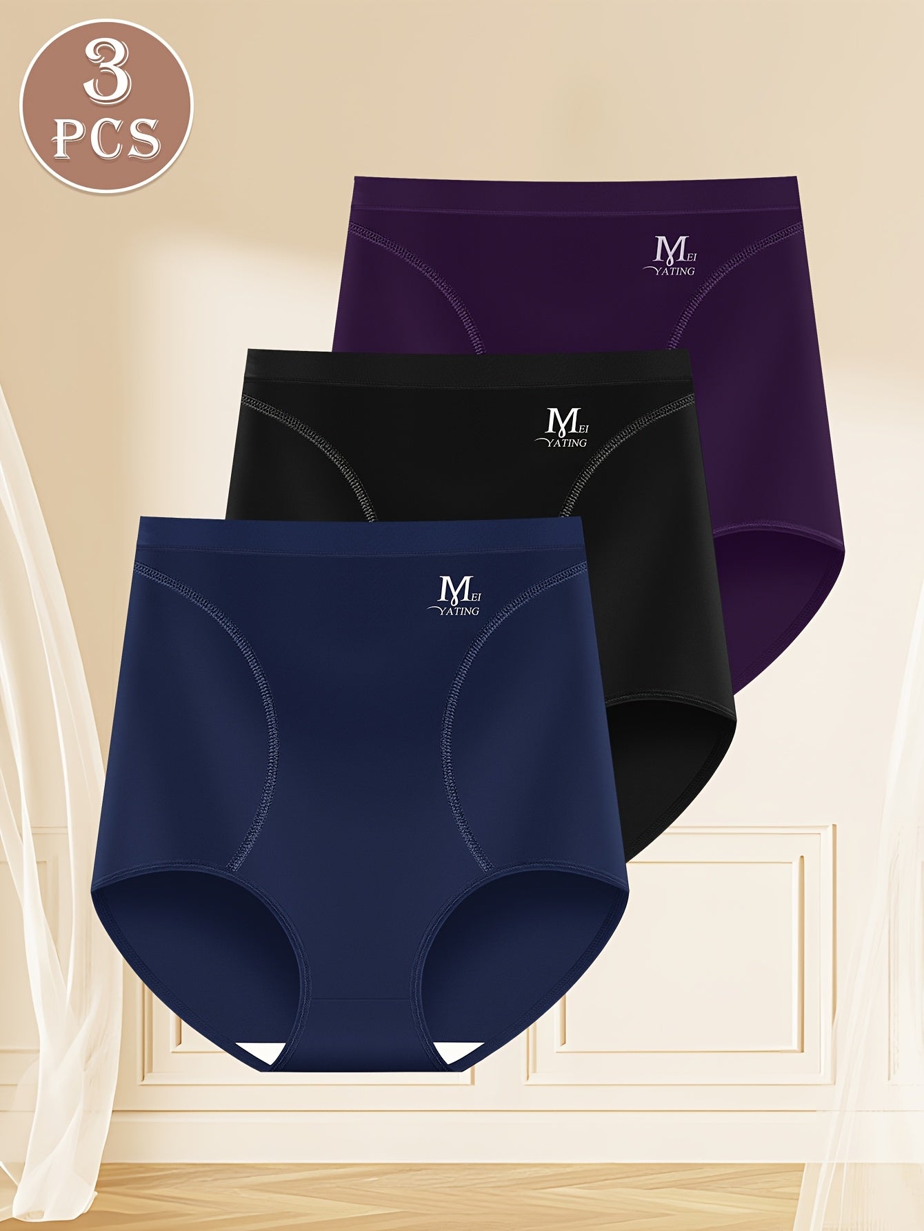 3pcs MEIYATING High Waist Shaping Panties for Women in black, purple, and navy colors. Features tummy control, comfort, and skin-friendly polyester blend. Ideal for autumn and winter.