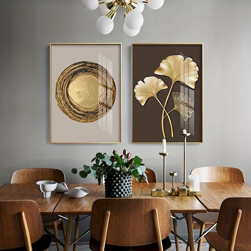 Set of 3 Modern Golden Leaf Wall Art - Frameless Ginkgo & Annual Wheel Prints, Elegant Nordic Decor for Living Room