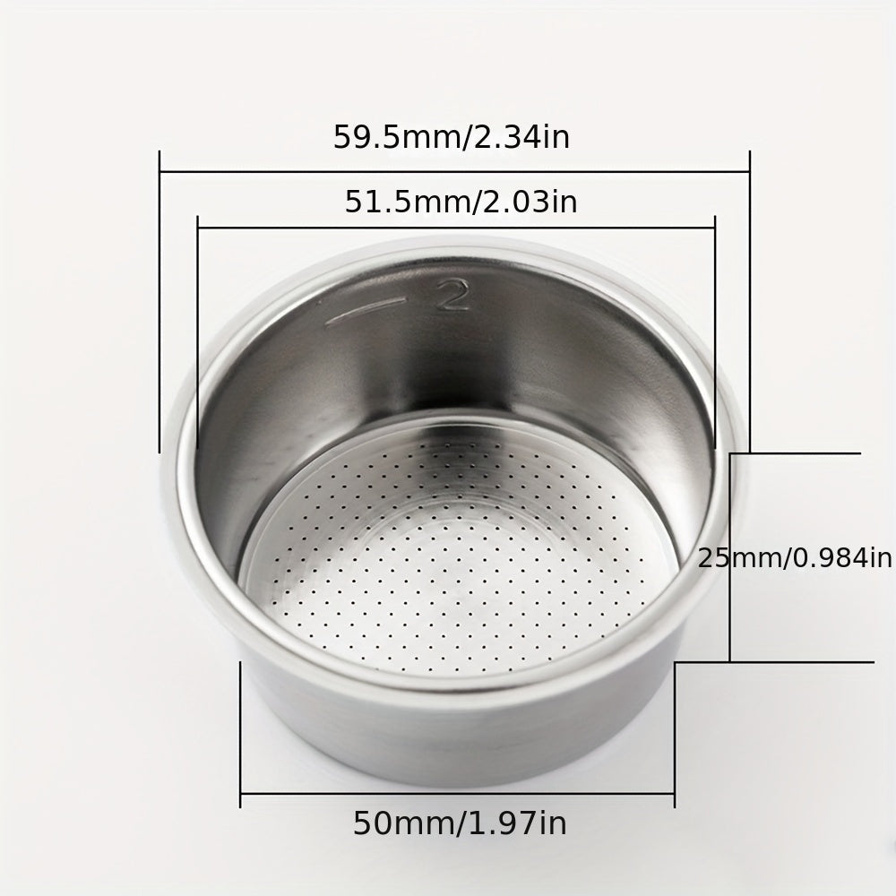 Set of reusable stainless steel coffee filters for espresso machines, includes 51mm non-pressurized basket for 1 cup, 2 cup, and 4 cup capacity.