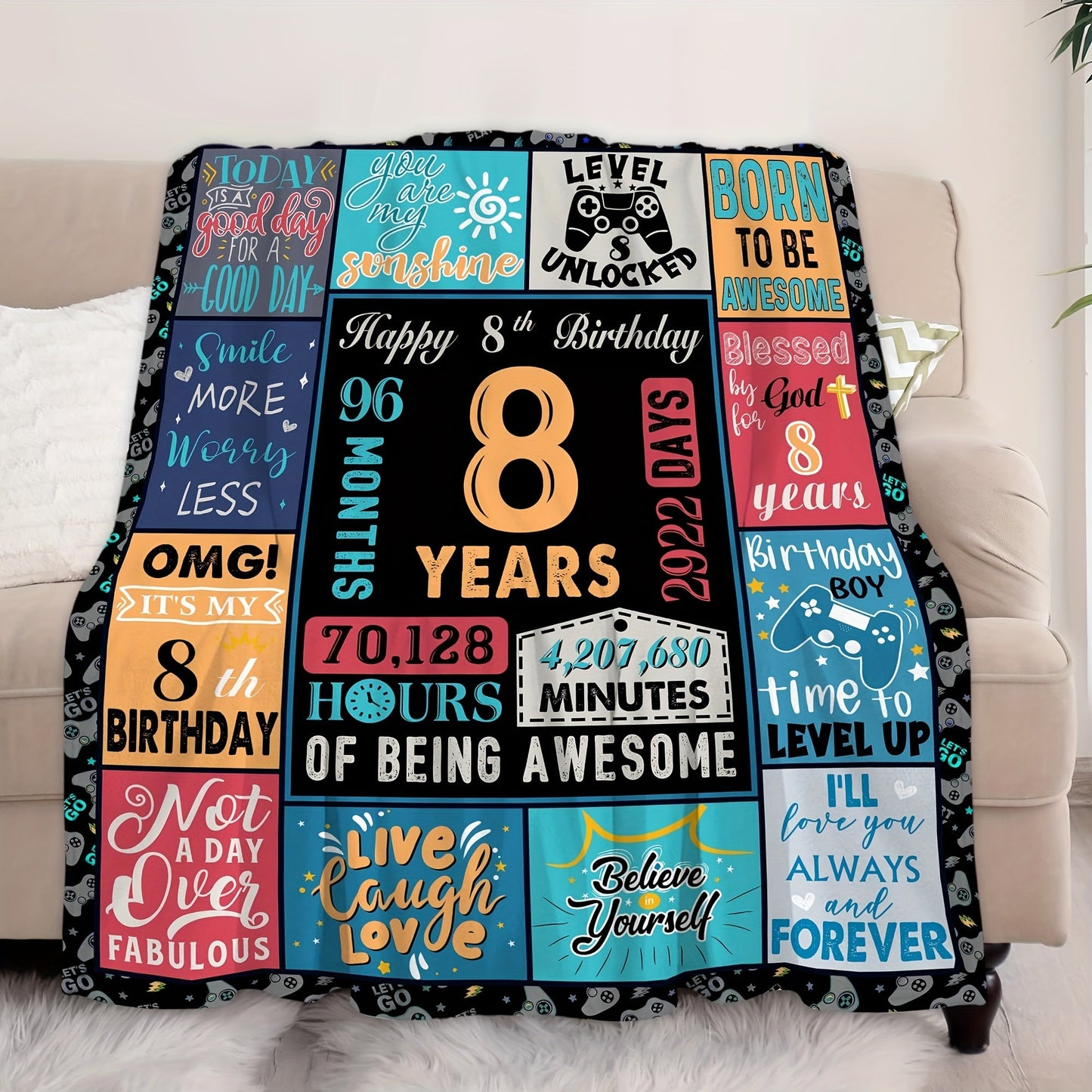 Celebrate an 8th Birthday with this Cozy Flannel Blanket - All-Season Throw featuring a Unique Design for 8-Year-Olds, Ideal Gift for Boys and Girls