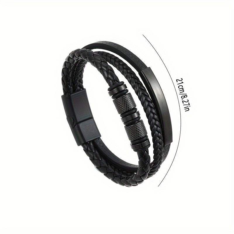 A stylish men's leather bracelet crafted from durable black stainless steel, accented with a touch of punk flair. Featuring a magnetic buckle closure and intricately handwoven details, this versatile accessory is perfect for any business or casual