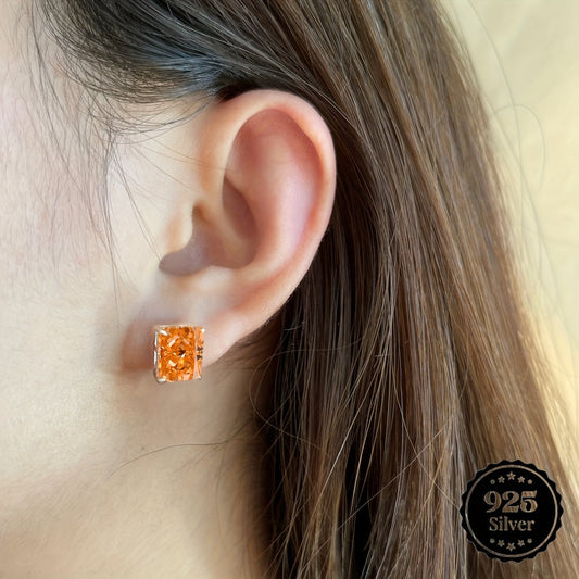 Stunning Ice-Cut Morganite Orange Rectangular 8*10mm S925 Silver Stud Earrings with Simplistic Four-Claw Setting, featuring Synthetic Zircon stones. This custom jewelry piece exudes classic style, making it a chic wedding accessory or the perfect