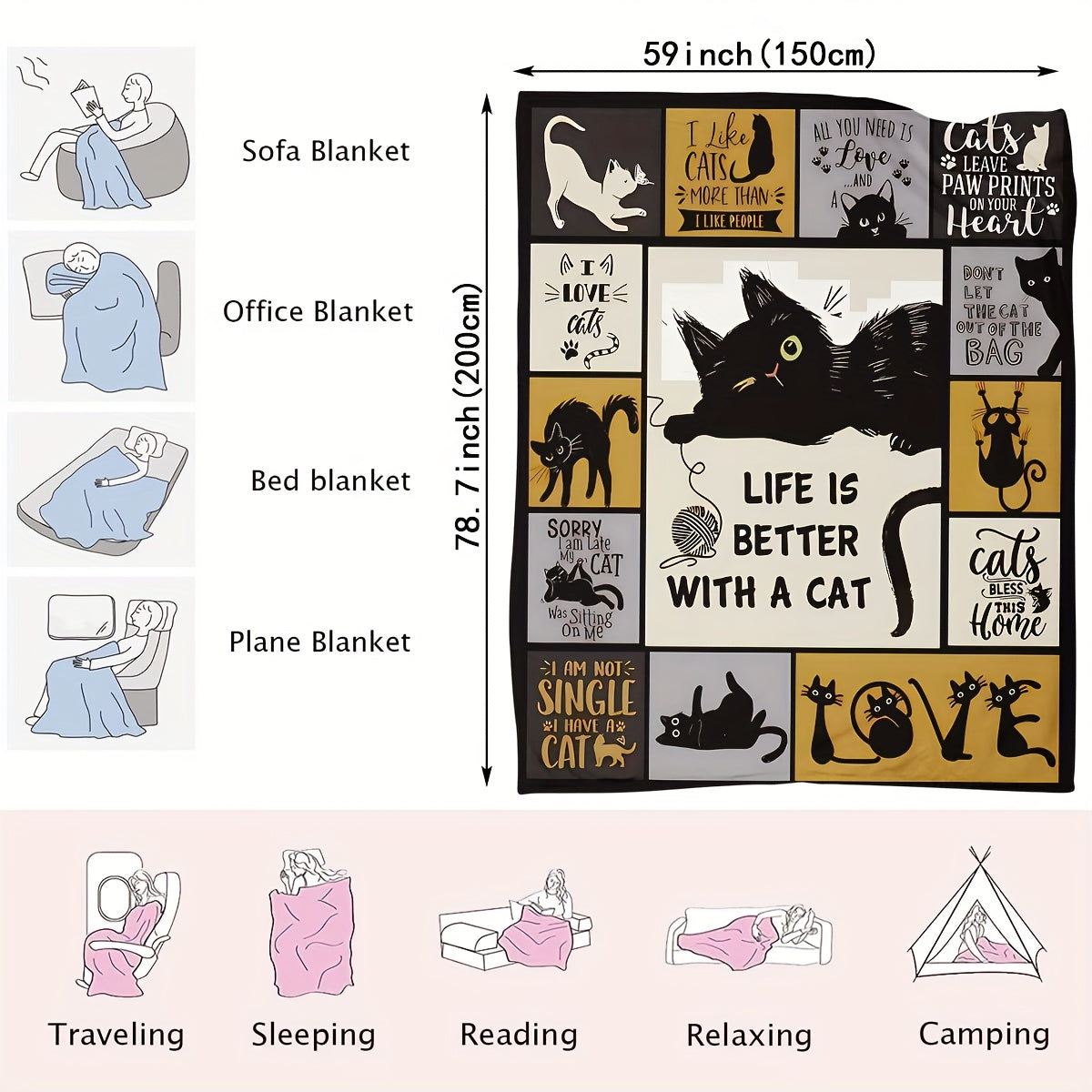 Charming Cat-Lovers' Throw Blanket - Cozy Flannel with Whimsical Digital Print, Hypoallergenic & All-Season Use - Ideal for Sofa, Napping, Air Conditioning, Camping - Perfect Gift for Cat Enthusiasts