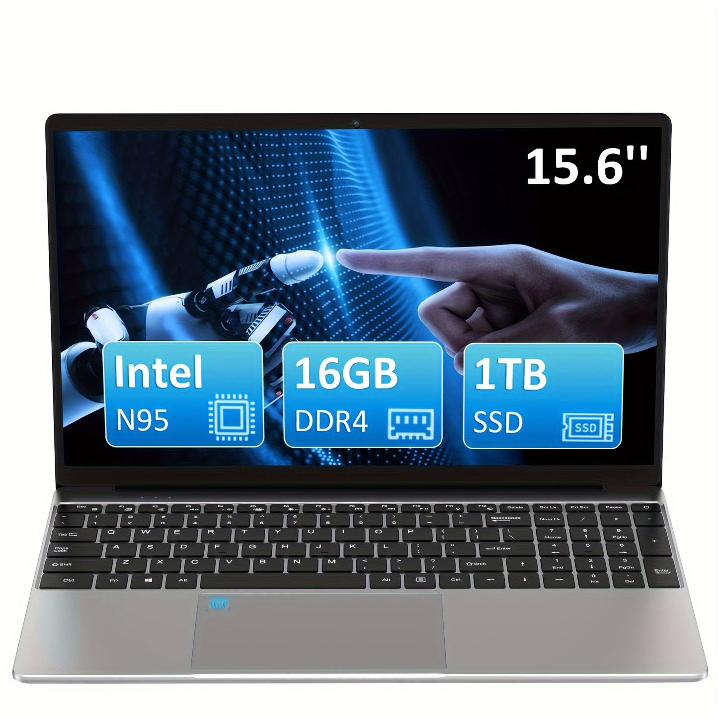 Molegar Laptop features a 39.62cm FHD IPS display, 16GB RAM, 1TB PCIe SSD, Intel 12th Gen N95 processor, up to 3.4GHz speed, fingerprint reader, backlit keyboard, webcam, dual-band WiFi 5G