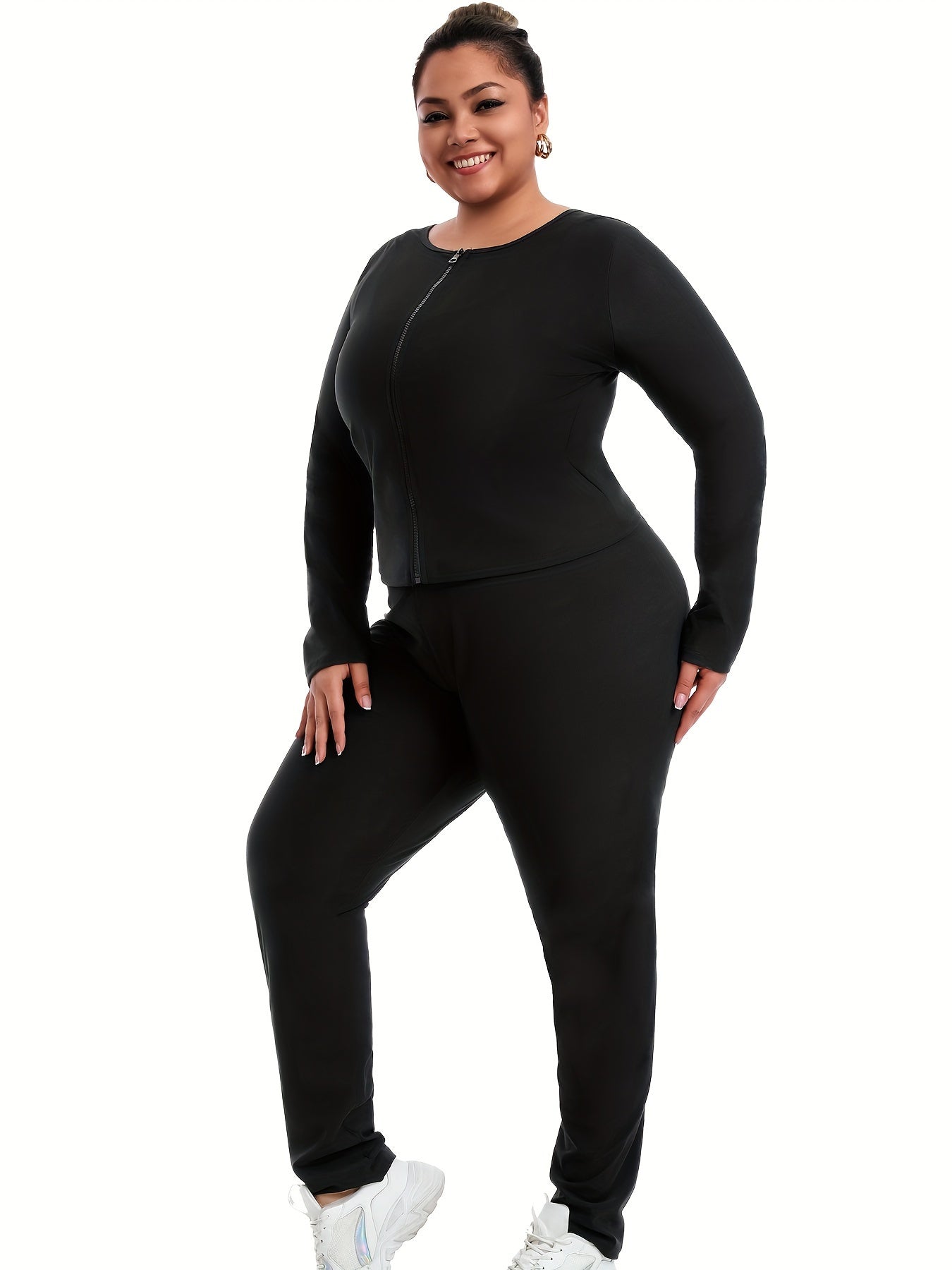 Womens long-sleeved yoga suit for body shaping, sauna suit, 2 pieces