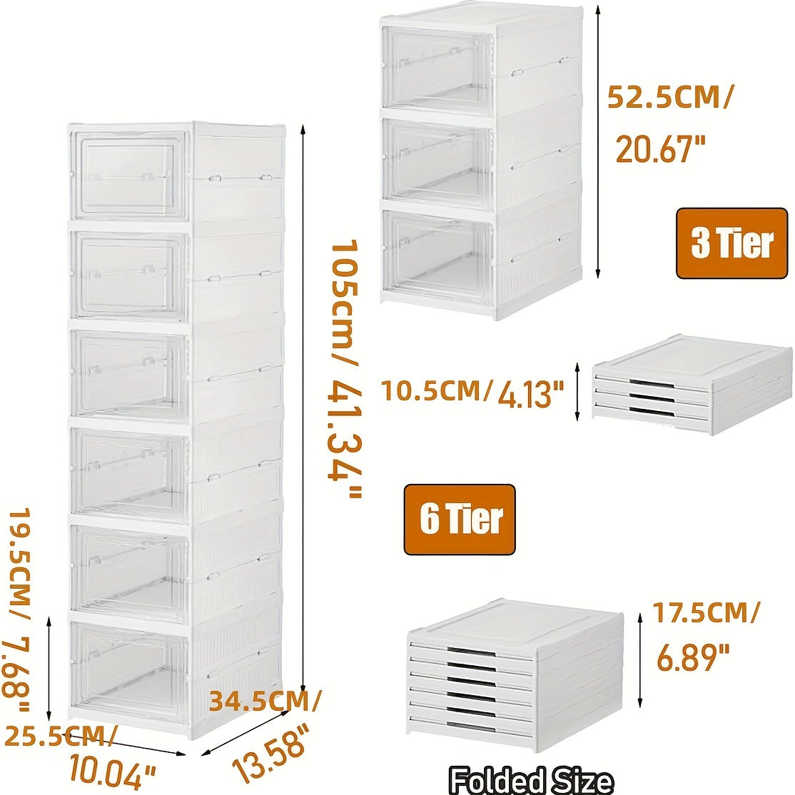 6-Tier stackable shoe storage box set with easy-access drop front, waterproof clear plastic bins. No assembly required, perfect for closet & entryway.