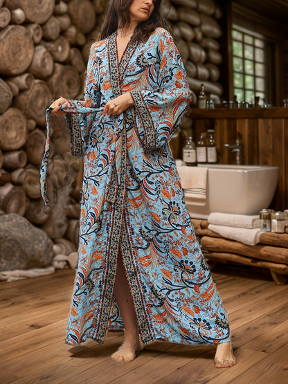 Boho Chic Plus Size Women's Long Robe with Full Print, V-Neck, Tie Waist - Ideal for Spring/Summer/Fall