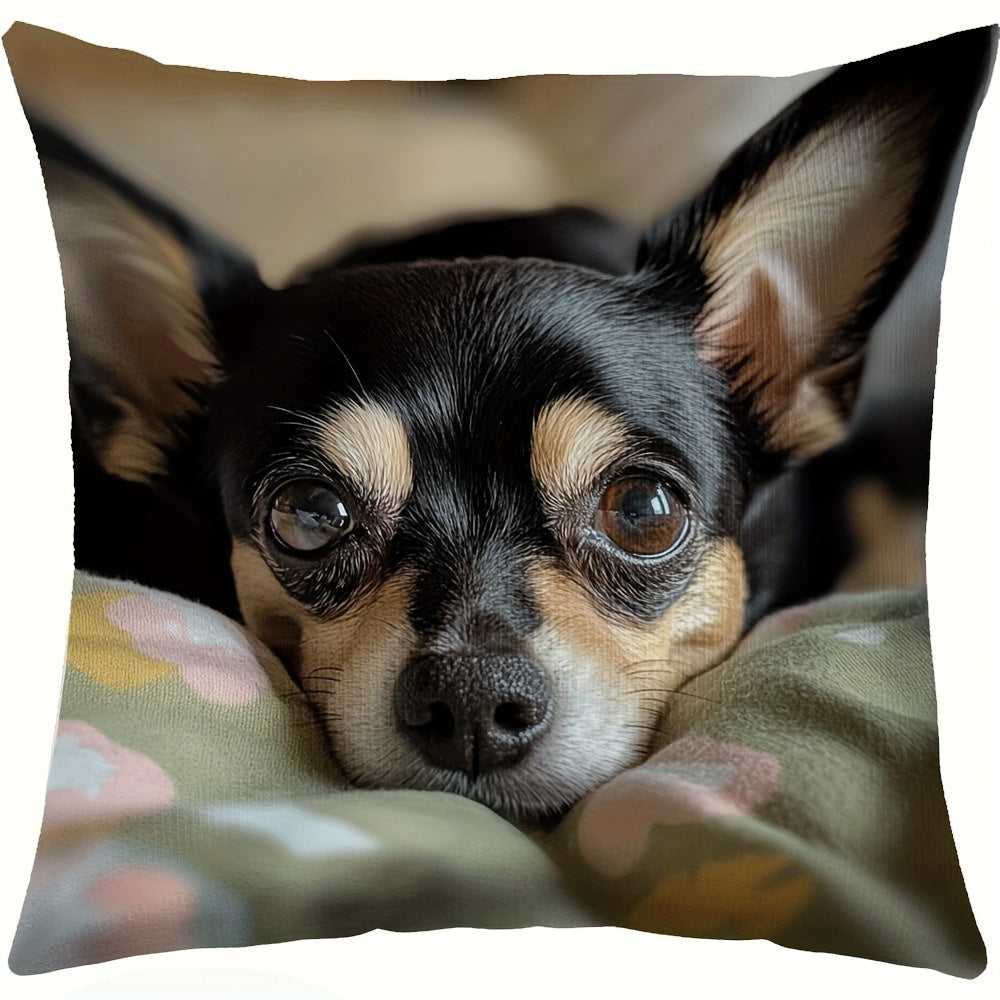 Chic and modern Chihuahua print throw pillow cover, reversible design, made of tough polyester material, perfect for adding a decorative touch to your sofa, car or bedroom. Features a convenient zipper closure, ideal as a holiday gift for dog