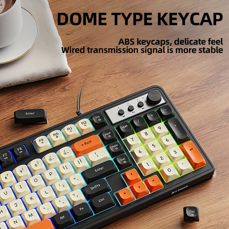 EWEADN Gaming Keyboard with rainbow backlighting and ergonomic design for gamers and office use. Features multimedia knob, ball keycaps, and compatibility with Windows and laptops.