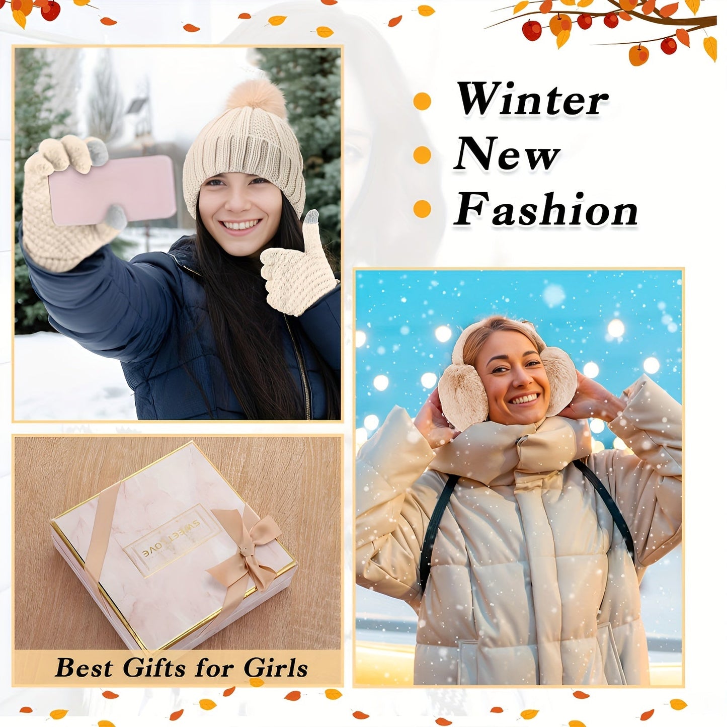 Winter Accessories Set for Women - Includes Polyester Knitted Beanie Hat with Pompom, Ear Warmers, Touch Screen Gloves, and Scarf - Perfect for Skiing and Outdoor Sports