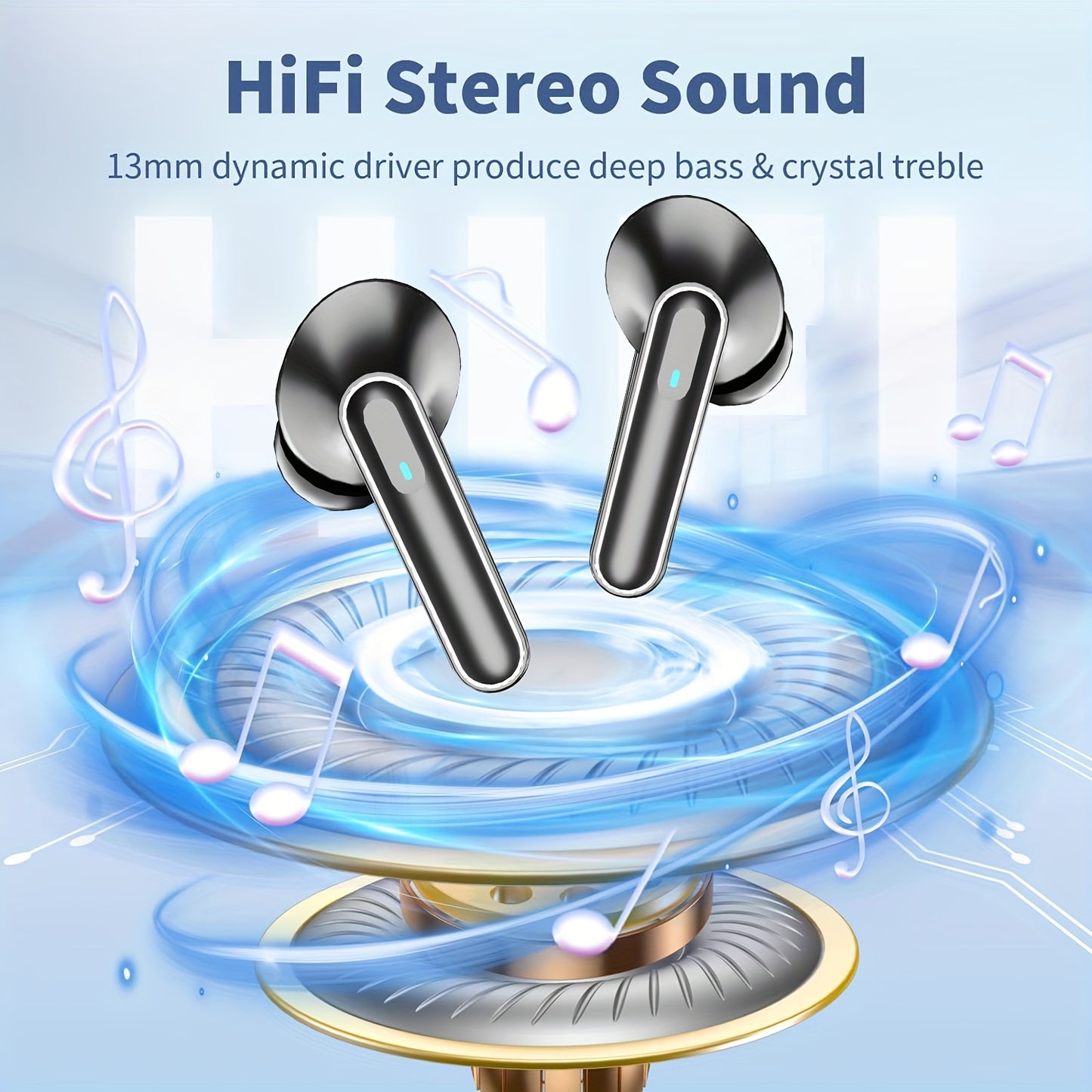 Wireless Earbuds with HD Mic, HiFi Stereo Sound, Deep Bass, Touch Volume Control, Noise Cancelling Voice Call, Type-C Charging, 300mAh Battery, LED Display, for Sports Running Earphones