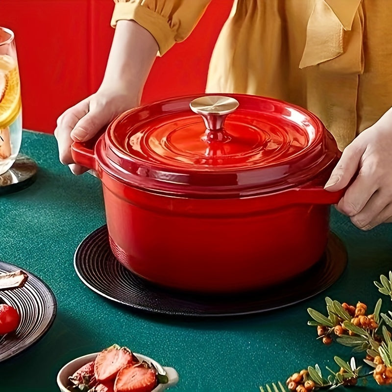 This Dutch oven is made of enameled cast iron and features convenient handles. It has a diameter of 18.2cm (7.16in), a height of 14cm (5.5in), a depth of 6.4cm (2.5in), and a capacity of 1.7kg. It is suitable for use on gas stoves.