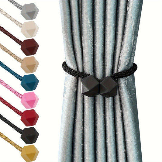 Pair of magnetic curtain ties with thicker twist rope and strong magnetic hold, perfect for holding curtains back in place. These decorative curtain holdbacks are ideal for adding a touch of style to your living room, office, or home decor.