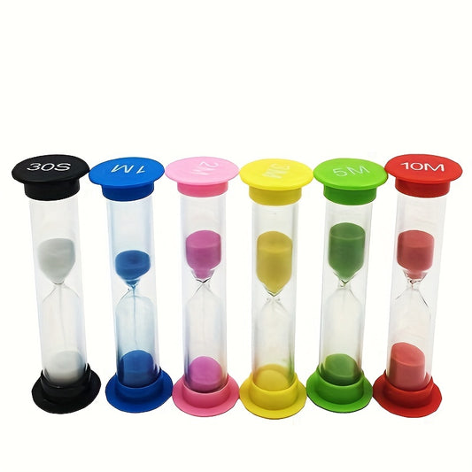 Set of 6 colorful toy hourglasses, perfect for classroom games. Drop-proof and entertaining!