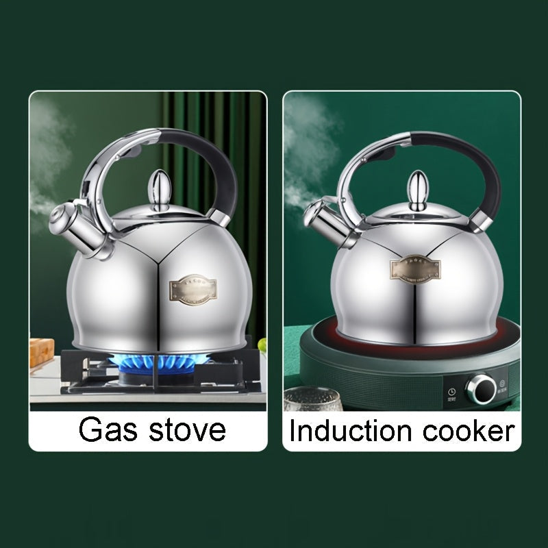 Large Capacity 3L Stainless Steel Whistling Kettle with Easy One-Key Pour and 5-Layer Composite Bottom for Gas & Induction Stoves